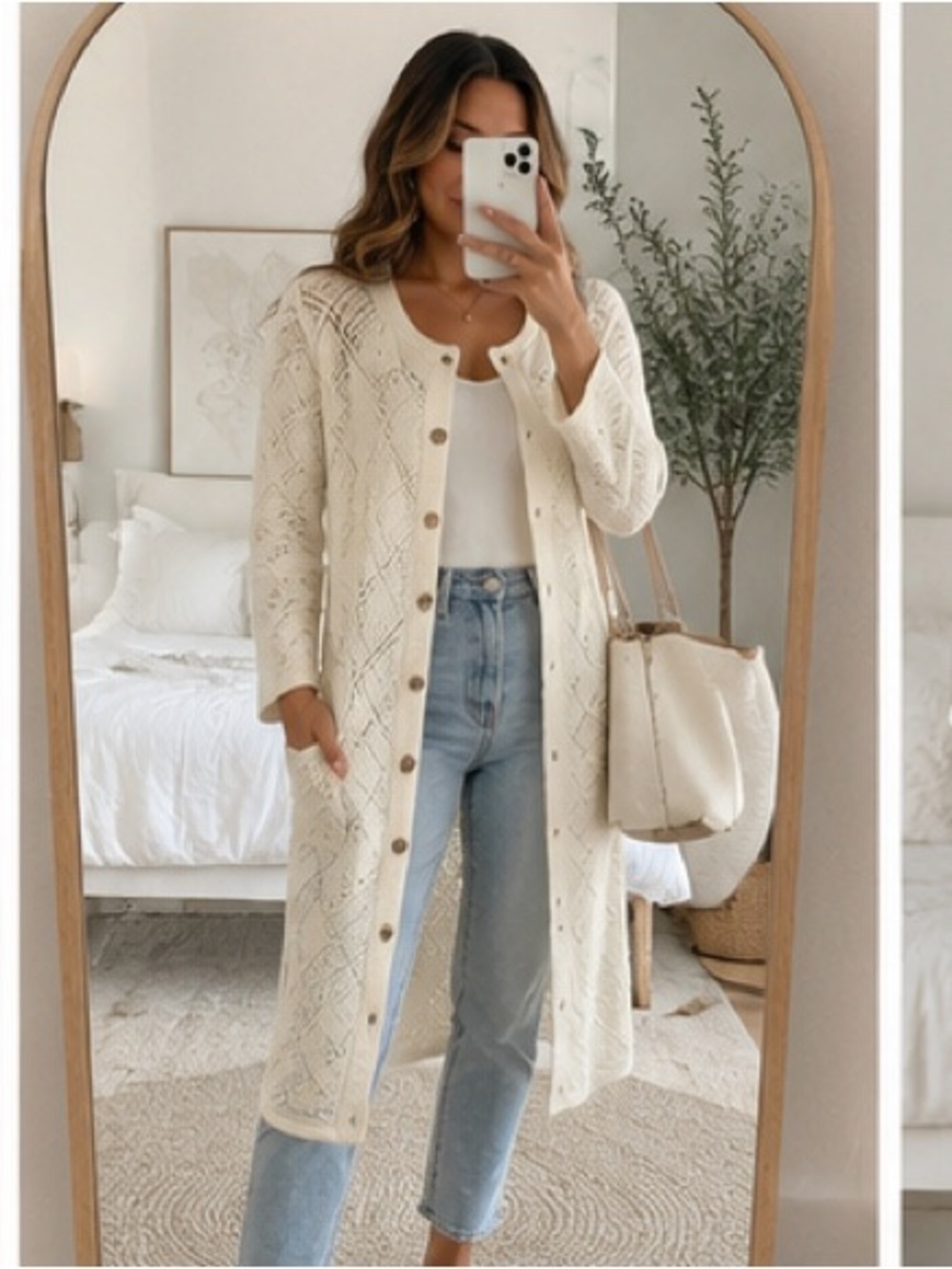 Vafoly Cream Openwork Long Cardigan Sweater XL